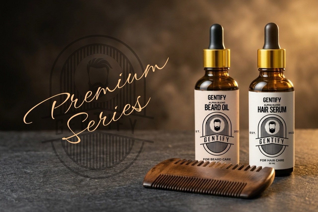 Gentify Premium Series men's grooming collection with natural beard oil, hair serum and wooden comb