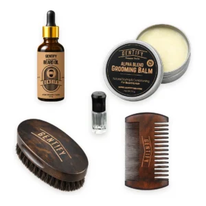 Complete Beard Care Pack: Alpha Blend Beard Oil, Grooming Balm, beard brush, wooden comb and perfume oil gift